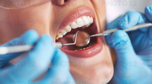 Woman with open mouth has teeth examined during checkup and fixed by a dentist in dental clinique, AI generated