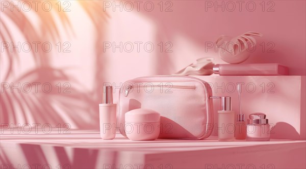 A pink purse with makeup and other cosmetic beauty items on a table, AI generated