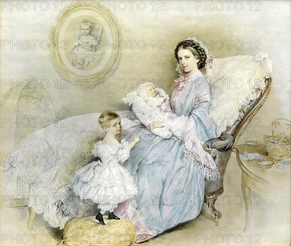 Empress Elisabeth with her children, Elisabeth of Austria (born 24 December 1837 as Elisabeth Amalie Eugenie von Wittelsbach, Duchess in Bavaria in Munich, Kingdom of Bavaria, died 10 September 1898 in Geneva, Switzerland) came from the ducal collateral line Palatinate-Zweibruecken-Birkenfeld-Gelnhausen of the House of Wittelsbach. She became Empress of Austria in 1854 through her marriage to her cousin Franz Joseph I and also Queen of Hungary in 1867, Historical, digitally restored reproduction from a 19th century original, Record date not stated