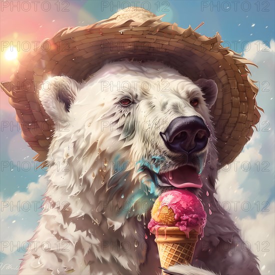 A polar bear with a straw hat enjoys an ice cream in sunny weather, symbolic image on the subject of climate change, climate catastrophe, climate protection, AI generated