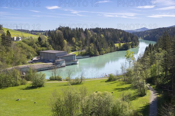 Power station at Forggensee, Lech barrage, Lech, head reservoir, flood protection, flood regulation, energy generation, energy storage, Rosshaupten, Ostallgaeu, Allgaeu, Bavaria, Germany, Europe