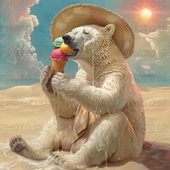 A polar bear with a straw hat sits in the desert and enjoys melting ice, symbolic image on the subject of climate change, climate catastrophe, climate protection, AI generated