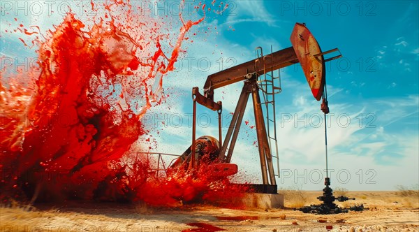 Oil rig pumping blood from the earth. Concept of earth resource exploitation and corporate greed, AI generated