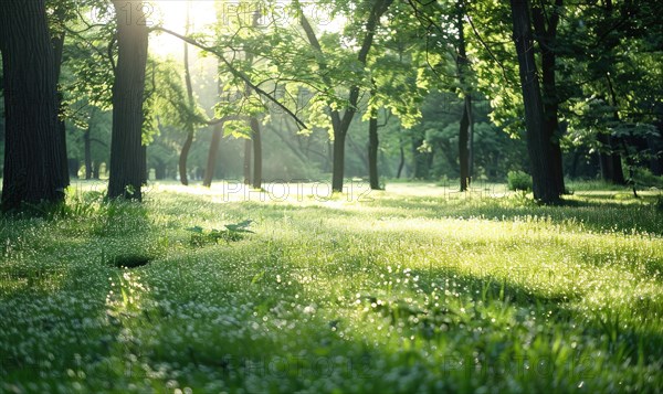 Soft morning sunlight filtering through a dense forest canopy AI generated