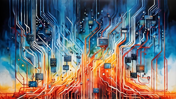 Illustration of abstract data stream cascades over a circuit board transforming into swirling information, AI generated