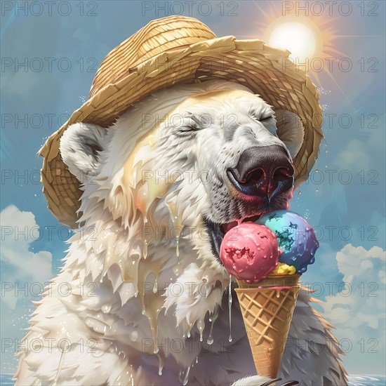 A melting polar bear enjoys ice cream under the sun while wearing a straw hat. The sky is blue and sunny, symbolic image on the subject of climate change, climate catastrophe, climate protection, AI generated