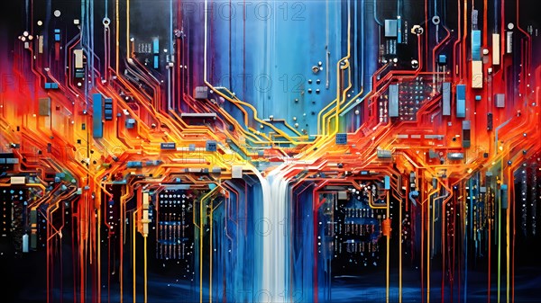 Illustration of abstract data stream cascades over a circuit board transforming into swirling information, AI generated