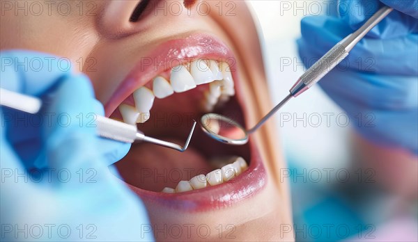 Woman with open mouth has teeth examined during checkup and fixed by a dentist in dental clinique, AI generated