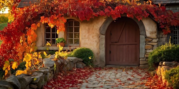 Close up of a rustic vineyard cottage nestled in a canopy of vines leaves showcasing autumns color palette in the golden hour, AI generated