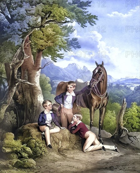 Franz Josef I (1830-1916) with his brothers the Archdukes Ferdinand Maximilian (1832-1867) and Karl Ludwig (1833-1896), Historical, digitally restored reproduction from a 19th century original, Record date not stated