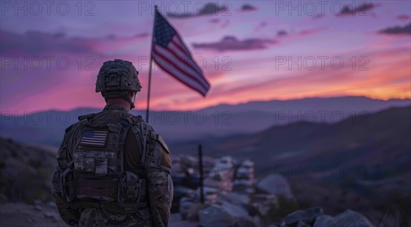 American patriot soldier stand in front of the flag. Concept of fighting for freedom and democracy, AI generated