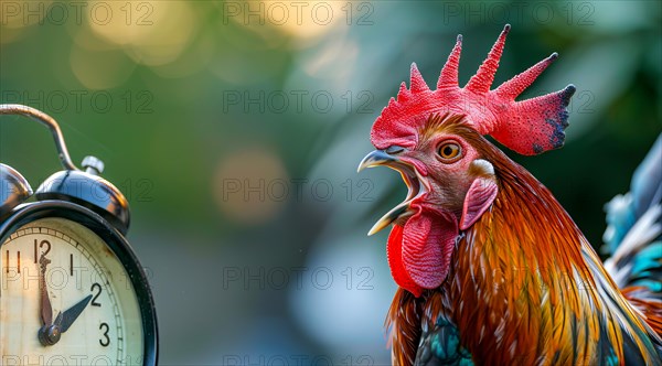 A rooster is standing in front of a clock with its beak open. Concept of a loud alarm clock, AI generated