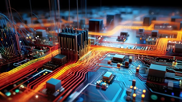 Illustration of abstract data stream cascades over a circuit board transforming into swirling information, AI generated