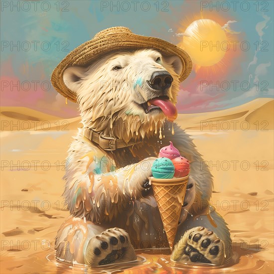 A polar bear sitting in the desert eating ice cream, wearing a straw hat under a scorching sun and blue sky, symbolic image on the subject of climate change, climate catastrophe, climate protection, AI generated