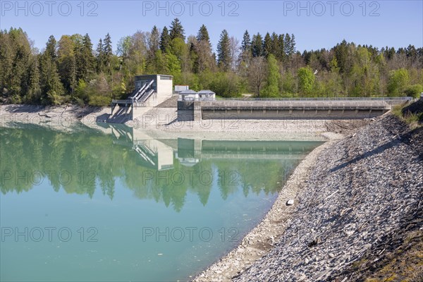 Lech barrage at Forggensee, Lech, power station, head reservoir, flood protection, flood regulation, energy generation, energy storage, Rosshaupten, Ostallgaeu, Allgaeu, Bavaria, Germany, Europe