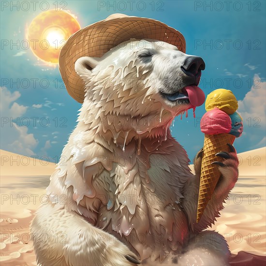 A melting polar bear eats an ice cream in the hot desert, wears a straw hat under a bright sun, symbolic image on the subject of climate change, climate catastrophe, climate protection, AI generated