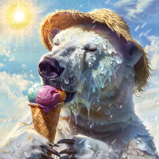 A melting polar bear enjoying ice cream under the hot sun, wearing a straw hat, water and drops flowing, symbolic image on the subject of climate change, climate catastrophe, climate protection, AI generated