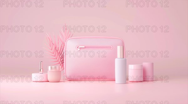 A pink purse with makeup and other cosmetic beauty items on a table, AI generated