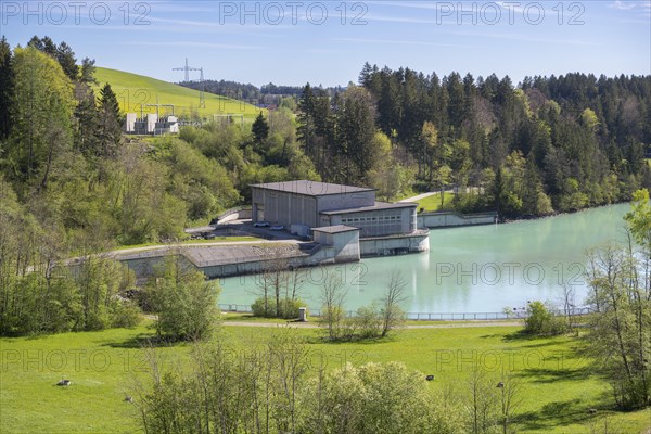 Power station at Forggensee, Lech barrage, Lech, head reservoir, flood protection, flood regulation, energy generation, energy storage, Rosshaupten, Ostallgaeu, Allgaeu, Bavaria, Germany, Europe