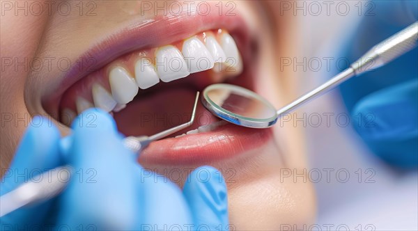 Woman with open mouth has teeth examined during checkup and fixed by a dentist in dental clinique, AI generated