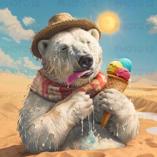 A polar bear in the hot desert with a straw hat and a scarf eats ice cream under the bright sun, symbolic image on the topic of climate change, climate catastrophe, climate protection, AI generated