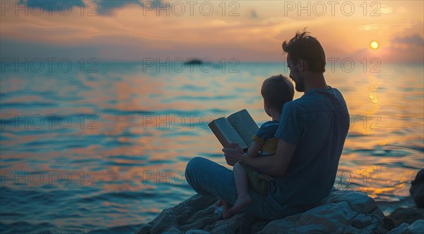 A father and a boy are sitting on the beach reading a book, tales or a Bible, AI generated