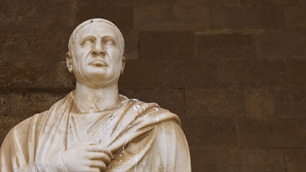 Ancient marble sculpture of a man in toga with fine drapery, statue from the 1st century BC, courtyard, Grand Master's Palace, Knights' Town, Rhodes Town, Rhodes, Dodecanese, Greek Islands, Greece, Europe