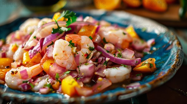 A colorful bowl of shrimp ceviche with mango, onion, and cilantro garnishes, AI generated