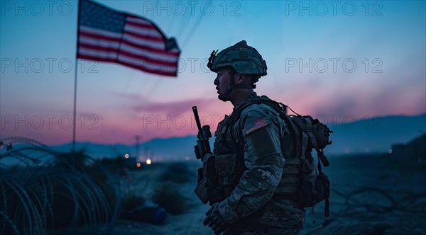 American patriot soldier stand in front of the flag. Concept of fighting for freedom and democracy, AI generated