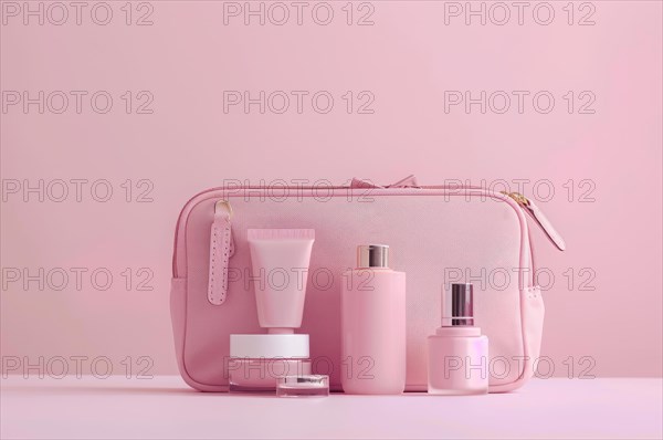 A pink purse with makeup and other cosmetic beauty items on a table, AI generated