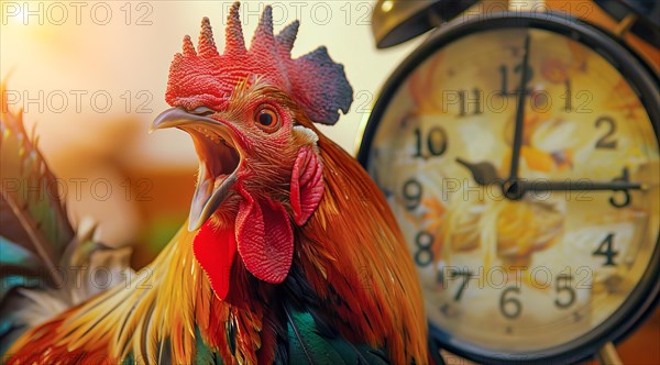 A rooster is standing in front of a clock with its beak open. Concept of a loud alarm clock, AI generated