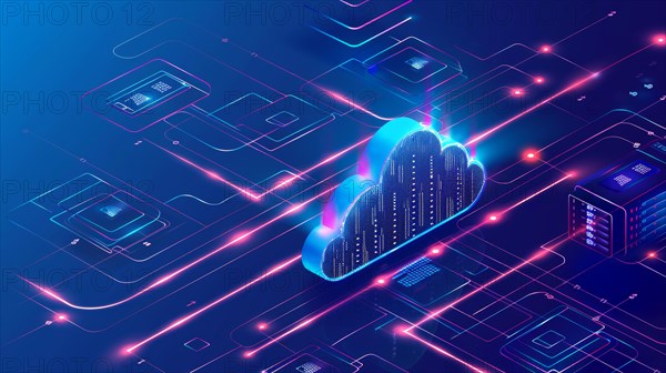 Streamlined cloud computing concept on a digital circuit board with neon blue and red, AI generated