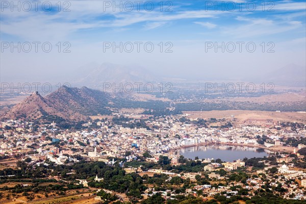 Holy city Pushkar aerial view from Savitri temple. Rajasthan, India, Asia