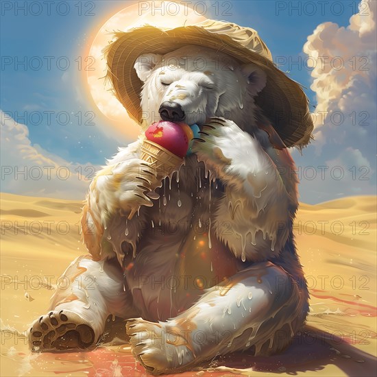 A polar bear eats an ice cream while sitting in the sun with a straw hat in the desert. Sun rays and clouds in the background, symbolic image on the subject of climate change, climate catastrophe, climate protection, AI generated