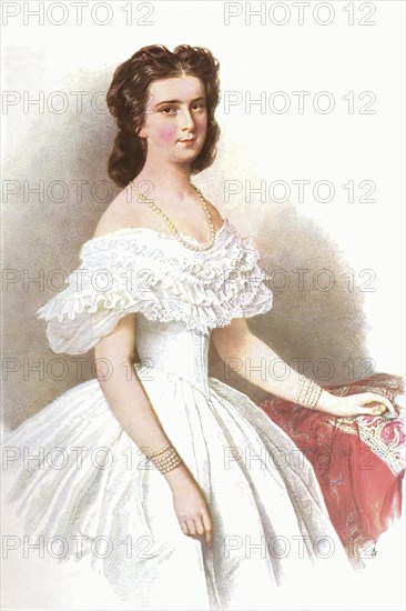 Elisabeth of Austria (born 24 December 1837 as Elisabeth Amalie Eugenie von Wittelsbach, Duchess in Bavaria in Munich, Kingdom of Bavaria, died 10 September 1898 in Geneva, Switzerland) came from the ducal collateral line Palatinate-Zweibruecken-Birkenfeld-Gelnhausen of the House of Wittelsbach. She became Empress of Austria in 1854 through her marriage to her cousin Franz Joseph I and also Queen of Hungary in 1867, Historical, digitally restored reproduction from a 19th century original, Record date not stated