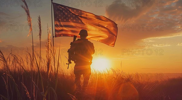 American patriot soldier stand in front of the flag. Concept of fighting for freedom and democracy, AI generated