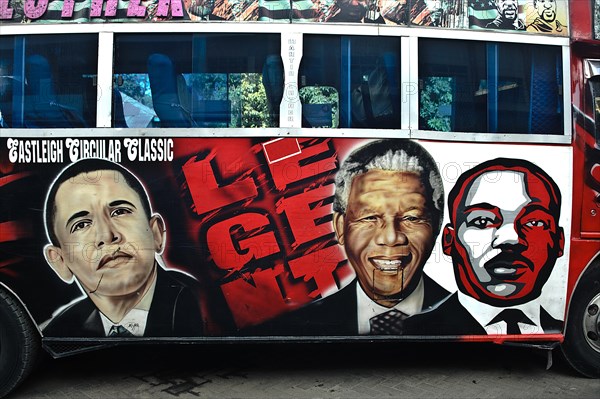 Decorated public transport called matatu, portraits of political leaders, Barack Obama, Nelson Mandela, Martin Luther King, Nairobi, Kenya, Africa