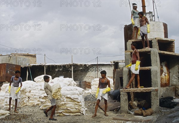 Workers in a textile factory, dyeing, rajasthan, India, Asia