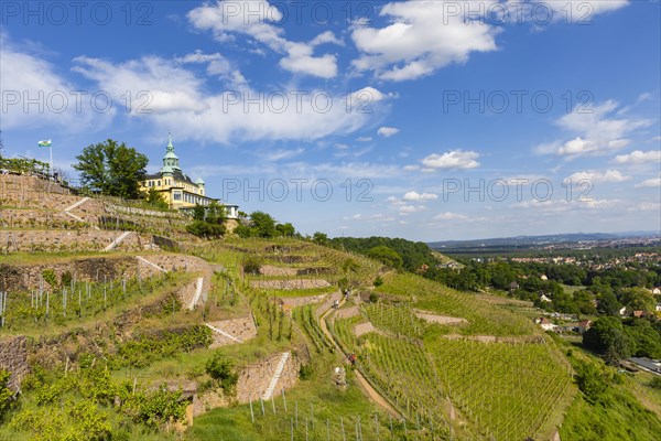 Weingut am Goldenen Wagen. The Spitzhaus is a former summer residence in the Saxon town of Radebeul. The building, which can be seen from afar, is located on the edge of the slope of the Elbe valley basin above Hofloessnitz in the Oberloessnitz district. The heritage-protected (1) Radebeul landmark at Spitzhausstrasse 36 still serves as an excursion restaurant with a sweeping view over the Elbe valley and as far as Dresden, Radebeul, Saxony, Germany, even after its renovation and reopening in 1997, Europe