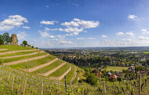 Weingut am Goldenen Wagen. The Spitzhaus is a former summer residence in the Saxon town of Radebeul. The building, which can be seen from afar, is located on the edge of the slope of the Elbe valley basin above Hofloessnitz in the Oberloessnitz district. The heritage-protected (1) Radebeul landmark at Spitzhausstrasse 36 still serves as an excursion restaurant with a sweeping view over the Elbe valley and as far as Dresden, Radebeul, Saxony, Germany, even after its renovation and reopening in 1997, Europe