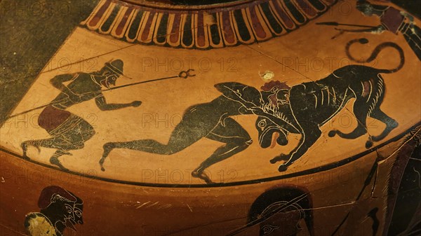 Detail, Ancient Greek vase depicting a warrior fighting a lion, Heracles and the Nemean Lion, interiors, Archaeological Museum, Old Town, Rhodes Town, Rhodes, Dodecanese, Greek Islands, Greece, Europe