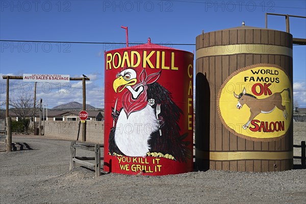 Advertising pillar for Roadkill Cafe on historic Route 66, Seligman, Arizona