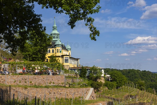 Weingut am Goldenen Wagen. The Spitzhaus is a former summer residence in the Saxon town of Radebeul. The building, which can be seen from afar, is located on the edge of the slope of the Elbe valley basin above Hofloessnitz in the Oberloessnitz district. The heritage-protected (1) Radebeul landmark at Spitzhausstrasse 36 still serves as an excursion restaurant with a sweeping view over the Elbe valley and as far as Dresden, Radebeul, Saxony, Germany, even after its renovation and reopening in 1997, Europe