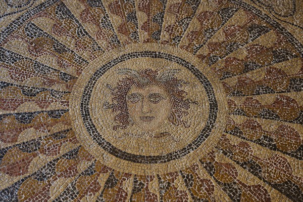 Detailed mosaic of a sun face with a halo, head of Medusa, interior view, Grand Master's Palace, Knights' Town, Rhodes Town, Rhodes, Dodecanese, Greek Islands, Greece, Europe