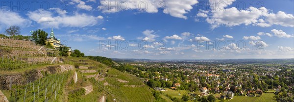 Weingut am Goldenen Wagen. The Spitzhaus is a former summer residence in the Saxon town of Radebeul. The building, which can be seen from afar, is located on the edge of the slope of the Elbe valley basin above Hofloessnitz in the Oberloessnitz district. The heritage-protected (1) Radebeul landmark at Spitzhausstrasse 36 still serves as an excursion restaurant with a sweeping view over the Elbe valley and as far as Dresden, Radebeul, Saxony, Germany, even after its renovation and reopening in 1997, Europe