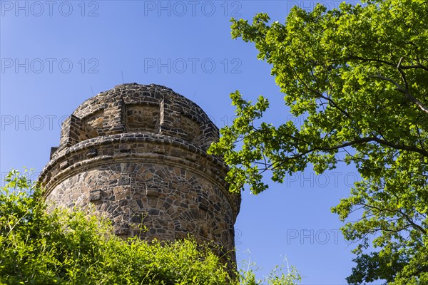 Winery at the Goldener Wagen. The Bismarck Tower in Radebeul, also known as the Bismarck Column, is one of around 145 Bismarck Towers still in existence in Germany in honour of Prince Otto von Bismarck (1815-1898) . The Radebeul tower was individually designed by Wilhelm Kreis, built by master builder Alfred Grosse from Koetzschenbroda and inaugurated on 2 September 1907. It has a height of 18 metres, Radebeul, Saxony, Germany, Europe