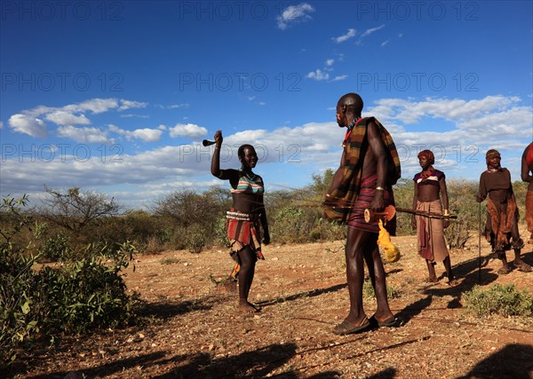 South Ethiopia, Omo region, among the Hamar tribe, Hamer, Hamma, Hammer, Amar or Amer, meeting for initiation rituals, ceremony, bull jumping, Ethiopia, Africa