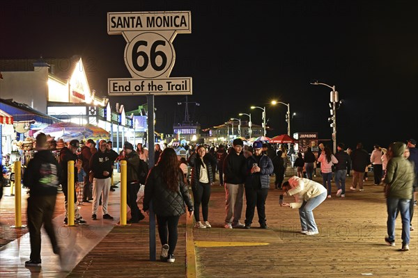 Route 66 End of Trail sign on the pier in Santa Monica, California