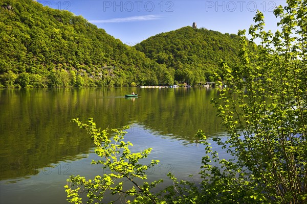 Lake Hengstey with a view of the Kaiser Wilhelm monument on the Syberg above the Ruhr in Dortmund, North Rhine-Westphalia, Germany, Europe