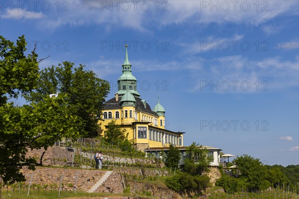 Weingut am Goldenen Wagen. The Spitzhaus is a former summer residence in the Saxon town of Radebeul. The building, which can be seen from afar, is located on the edge of the slope of the Elbe valley basin above Hofloessnitz in the Oberloessnitz district. The heritage-protected (1) Radebeul landmark at Spitzhausstrasse 36 still serves as an excursion restaurant with a sweeping view over the Elbe valley and as far as Dresden, Radebeul, Saxony, Germany, even after its renovation and reopening in 1997, Europe